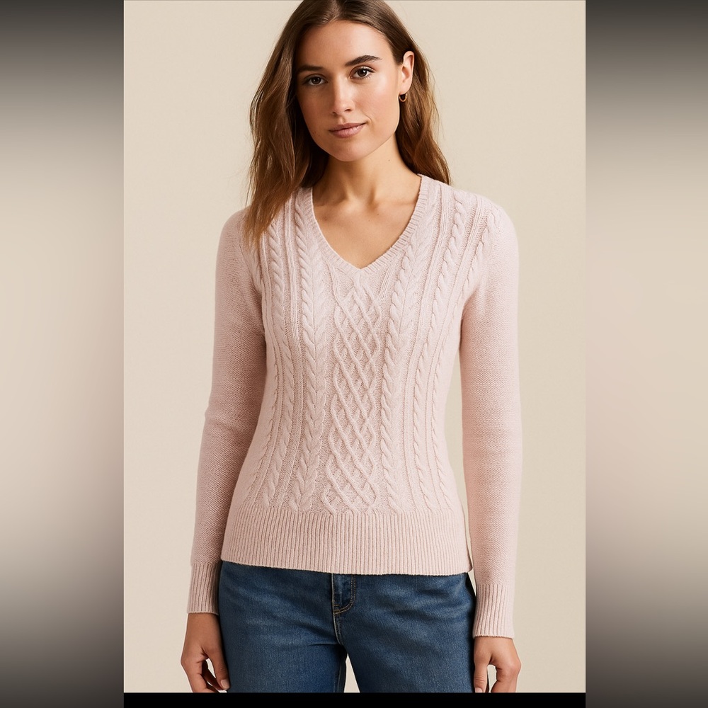 Chaps Cable Knit V-Neck Sweater Woman Large Pink Sparkle Coquettte Preppy Office
